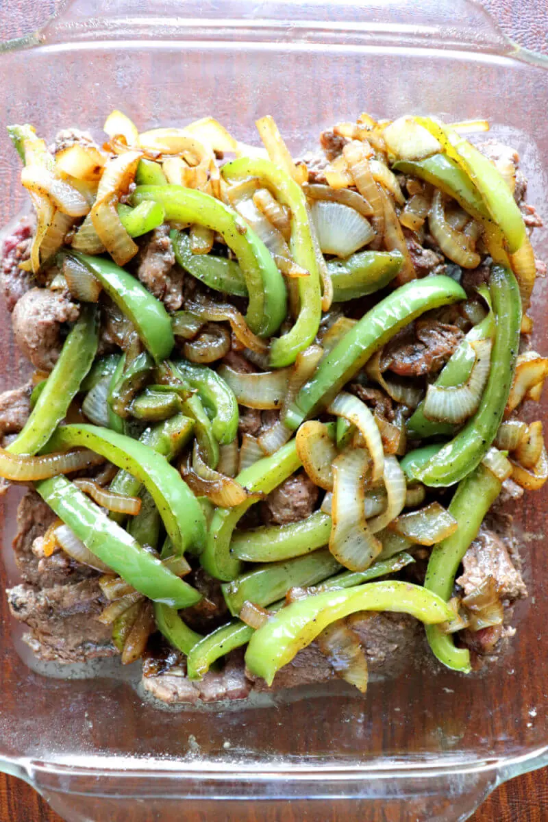 Meat, veggies, layered, Keto Philly Cheesesteak Casserole
