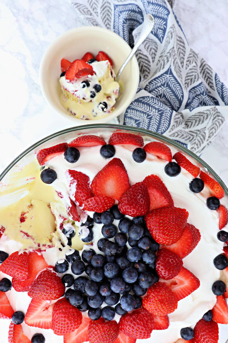 Overhead keto berry trifle with one serving out