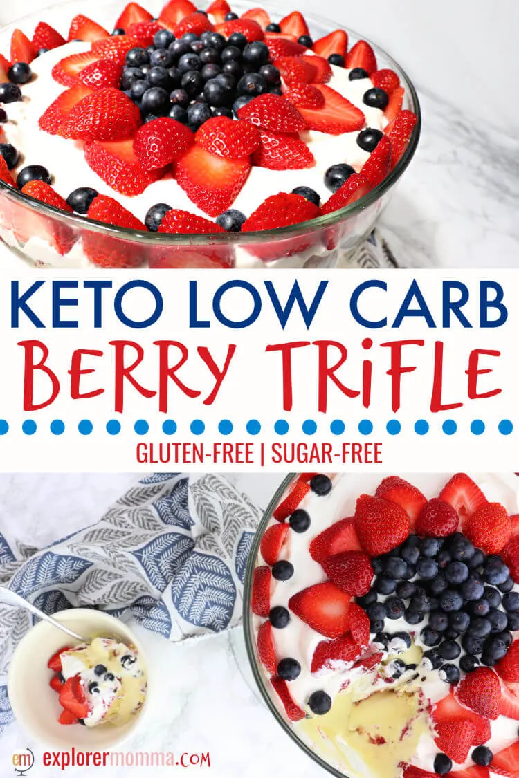 Keto berry trifle is the ideal low carb dessert centerpiece for Memorial Day, the Fourth of July, or any summer party. Gluten-free, sugar-free creamy deliciousness will have friends asking for more. #ketodessert #lowcarbdessert #ketorecipes