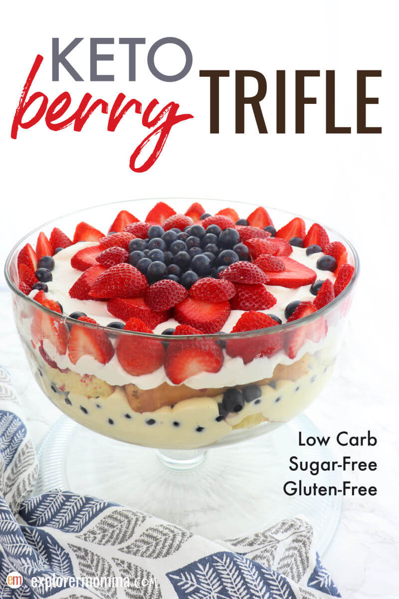 Ready to impress, Keto Berry Trifle is a delicious centerpiece for Memorial Day, the Fourth of July, or any summer party. Filled with gluten-free, sugar-free lemon pound cake, custard, berries, and cream, what's not to love!? #ketodesserts #lowcarbdesserts