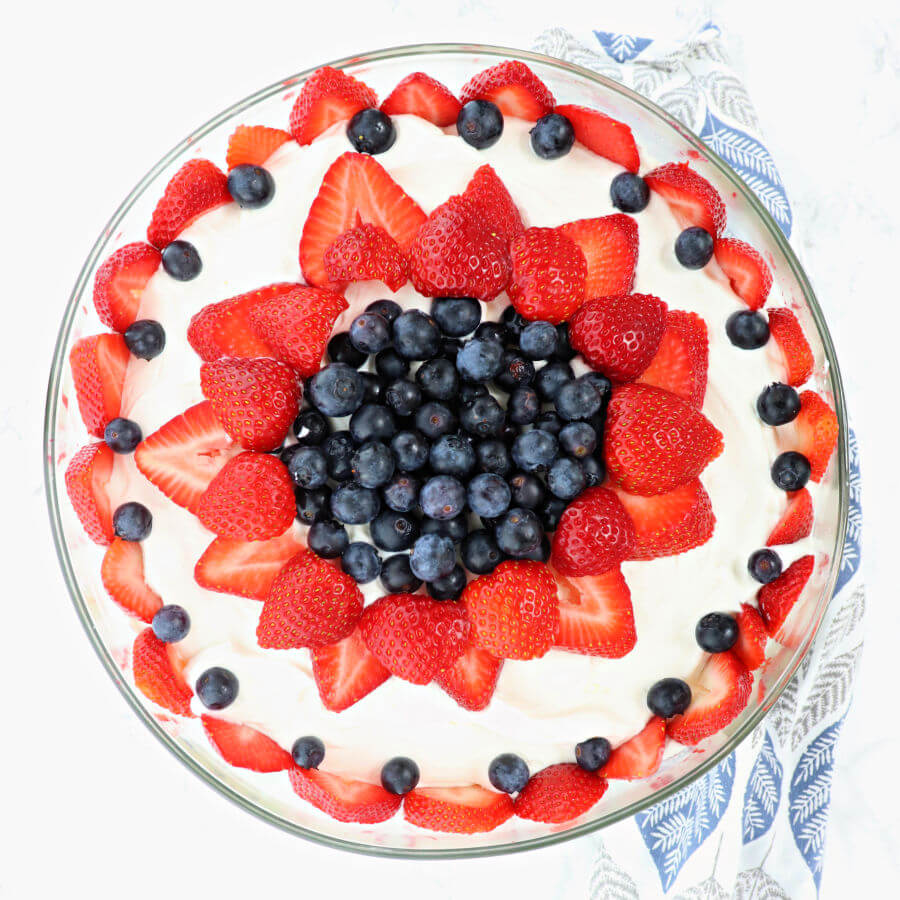 Delicious lemon pound cake, custard, cream and berries come together in keto berry trifle, the perfect centerpiece for Memorial Day, the Fourth of July, or any summer event. #ketodesserts #lowcarbdesserts