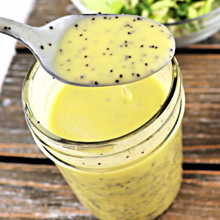 Keto lemon poppyseed dressing is tart and tangy yet sweet and delicious. Sugar-free and perfect for any green salad. Low carb tastes good! #ketodressing #lowcarbdressing