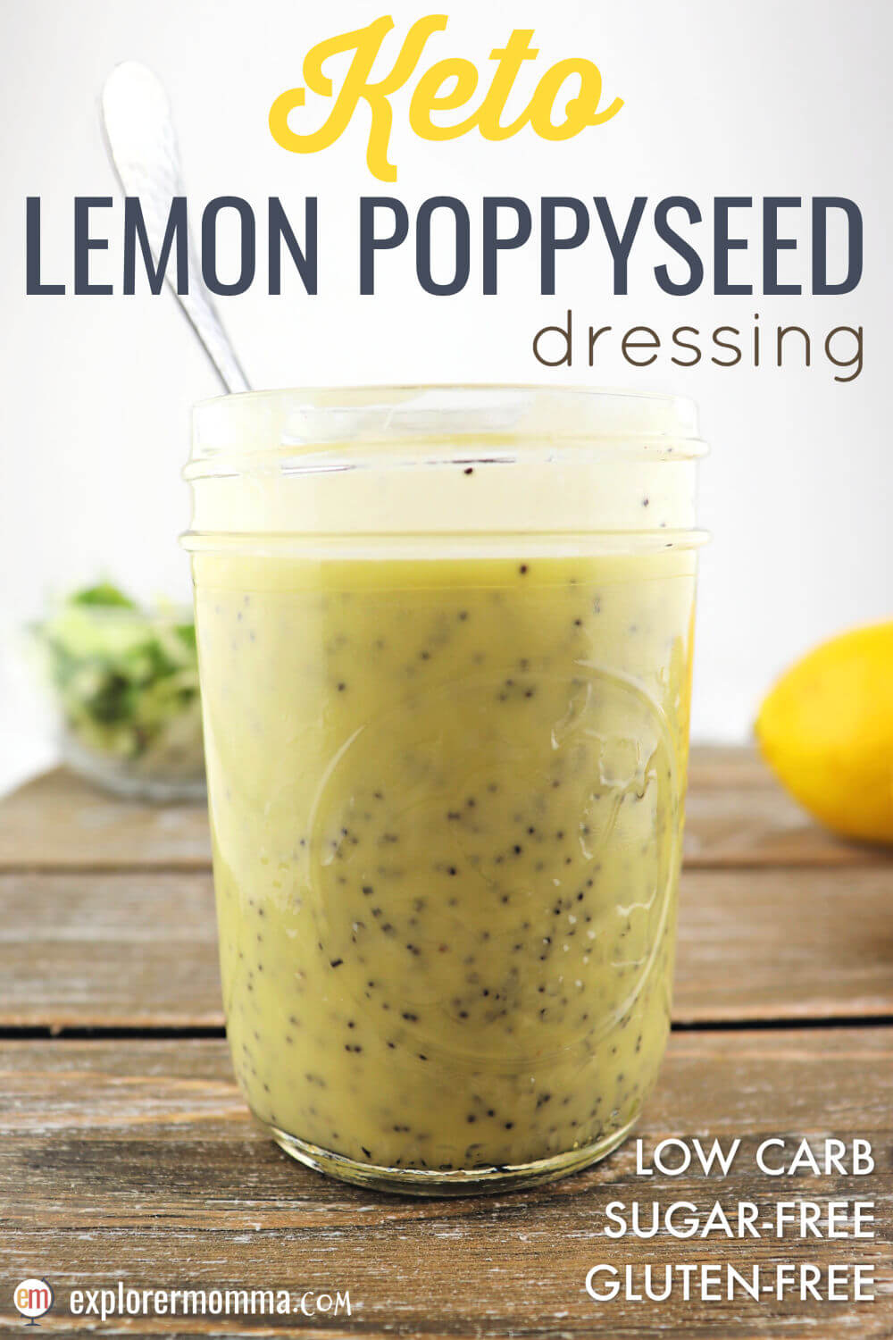 Tart and tangy with a hint of sweet, sugar-free lemon poppyseed is the perfect keto salad dressing recipe for a low carb diet. #ketosaladdressing #ketodressing #sugarfreedressing