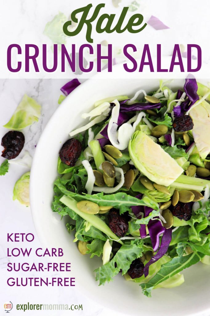 Kale crunch salad is a refreshing low carb side perfect for a keto diet. Sweet yet sugar-free, pumpkin seeds and dried cranberries make it a popular holiday salad. #kalesalad #ketosalad #lowcarbsalads