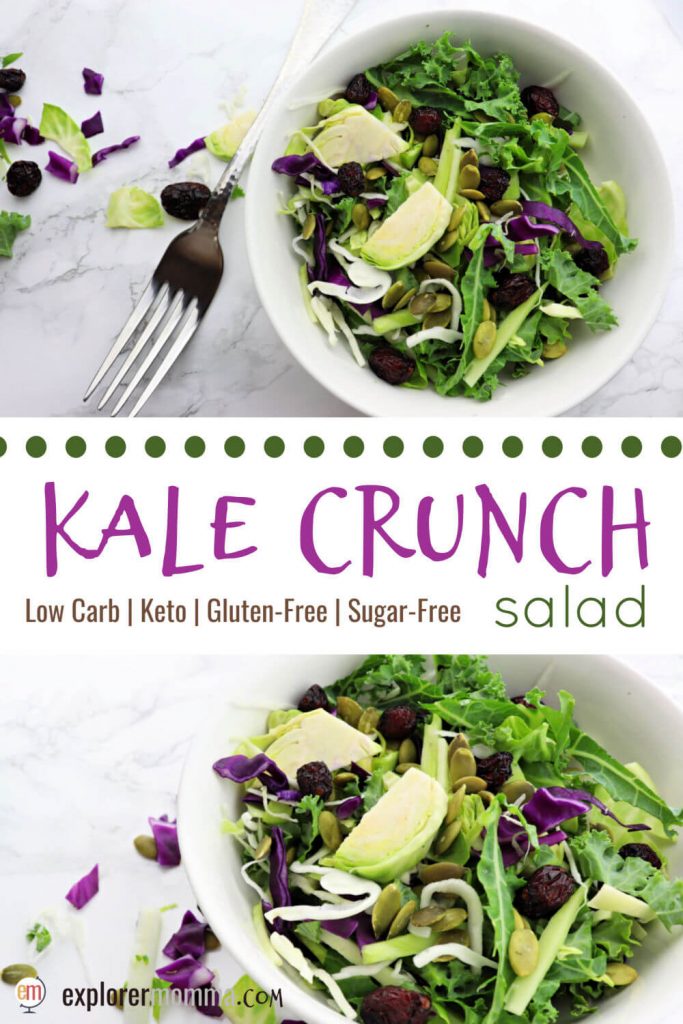 Delicious kale crunch salad is the perfect low carb side with lemon poppyseed keto salad dressing, pumpkin seed, and dried cranberries. A sweet healthy crunch for holiday dinners or parties. #kalesalad #ketosides #ketosalad