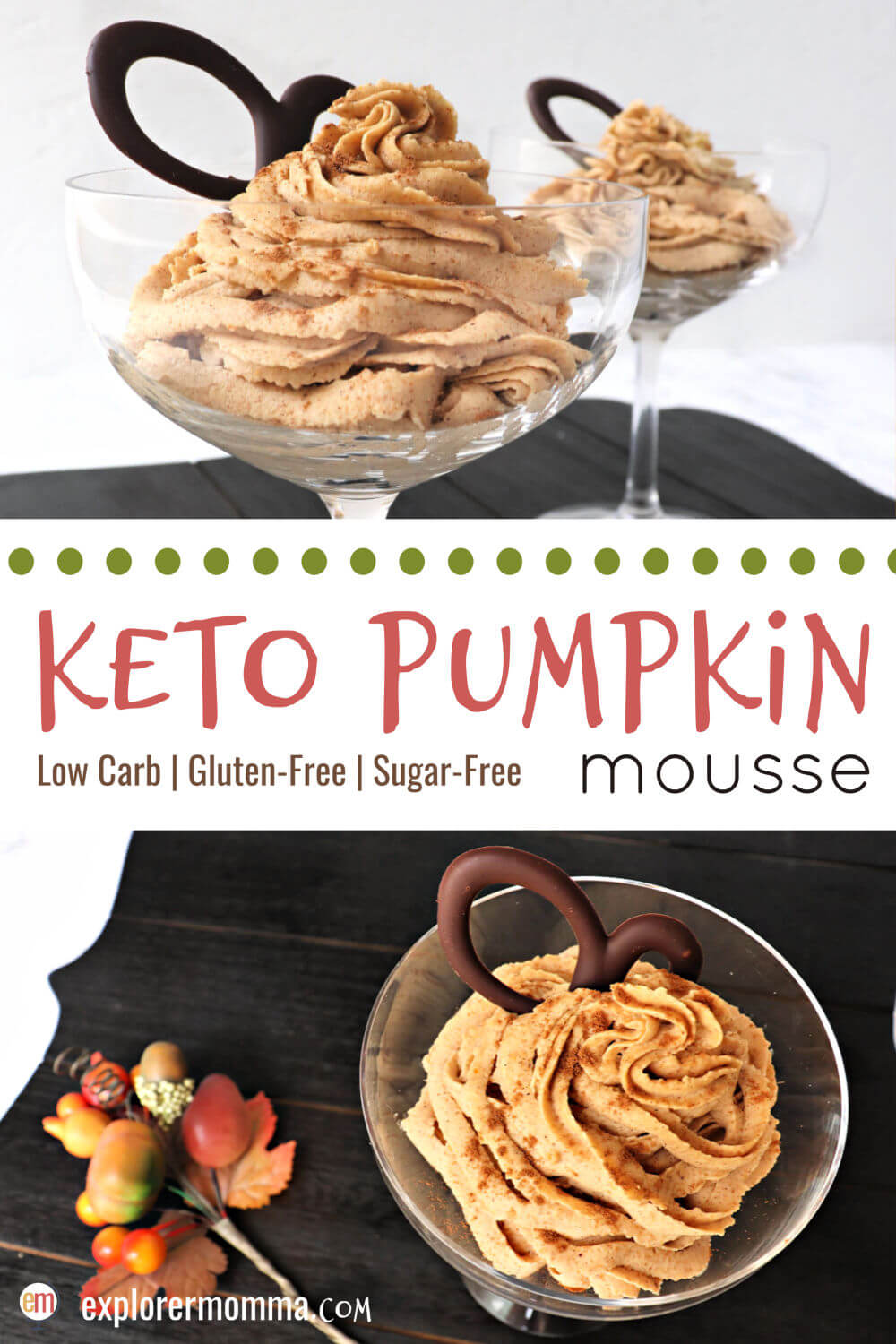 Quick and easy whipped keto pumpkin mousse is decadent low carb delight! Creamy mascarpone cheese, cream, pumpkin, and spices make this a pumpkin pie in a mousse. A sugar-free fall recipe everyone will love. #ketodessert #lowcarbpumpkinspice #pumpkinspice