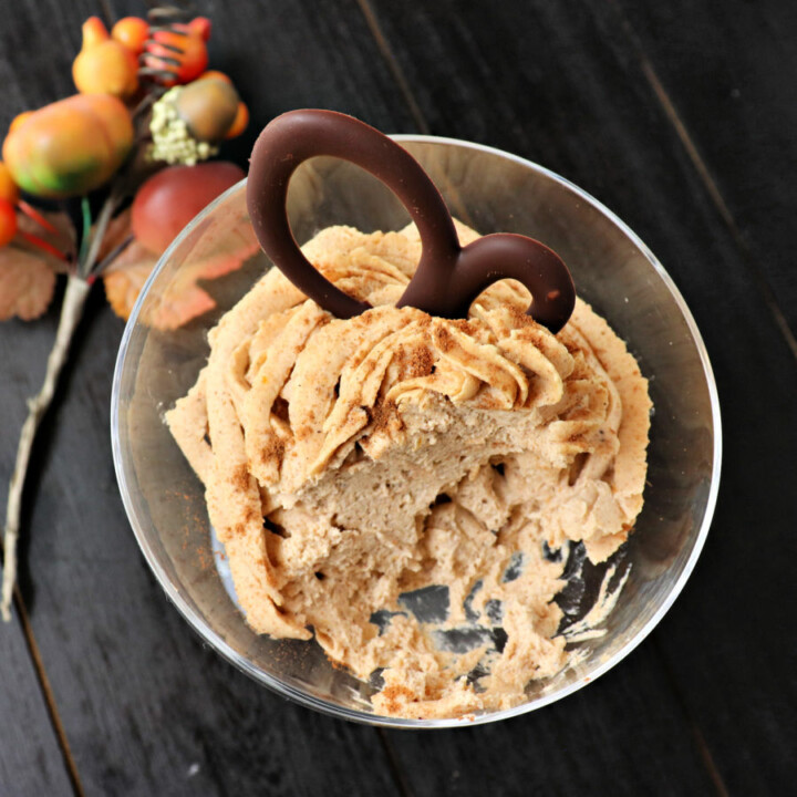 Easy whipped keto pumpkin mousse is the perfect low carb dessert made with creamy mascarpone cheese. All the tastes of fall in a sugar free pumpkin dessert. #ketodessert #lowcarbdessert