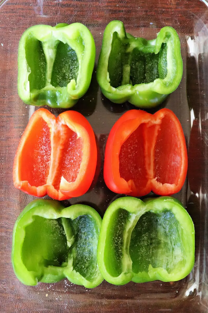 Prepped bell pepper halves with seeds and membrane removed