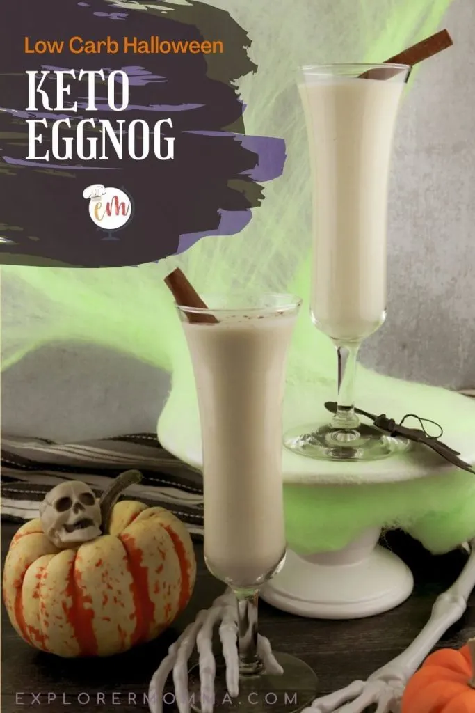 Spooky Halloween keto eggnog in glasses with decorations