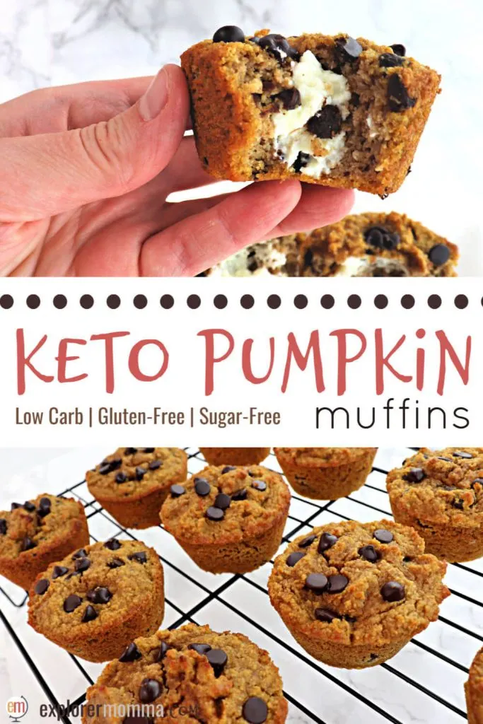 Cream cheese keto pumpkin muffins are easy and low carb delicious. Packed with pumpkin spice, sugar-free chocolate chips, and cream cheese, your taste buds, and your keto diet, will thank you. #ketodiet #ketorecipes #ketobreakfast