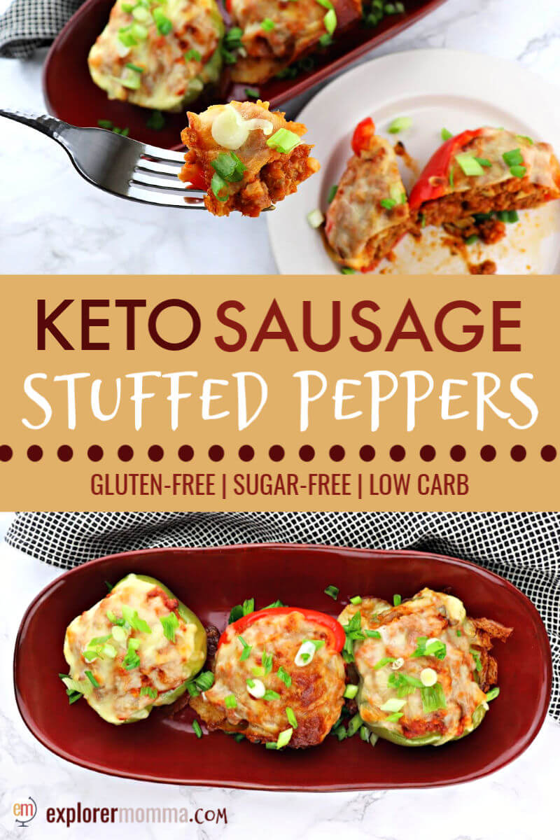 Italian spiced keto sausage stuffed peppers are a delicious and easy low carb dinner. It's a gluten-free and family-friendly dinner option, stuffed with sausage, cauliflower rice, mushrooms, CHEESE, and more. #ketorecipes #lowcarbdinner #ketosausagerecipes