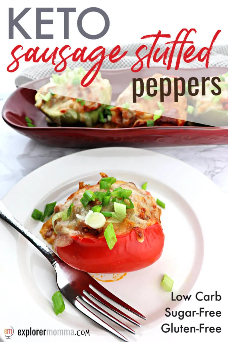 Flavorful keto sausage stuffed peppers are a delicious low carb dinner. Stuffed with sausage, cauliflower rice, marinara sauce, cheese, and more, it's a family-friendly and gluten-free, this is an easy recipe to meal-prep for a weeknight dinner. #ketodinnerrecipes #ketorecipes #lowcarbrecipesketo
