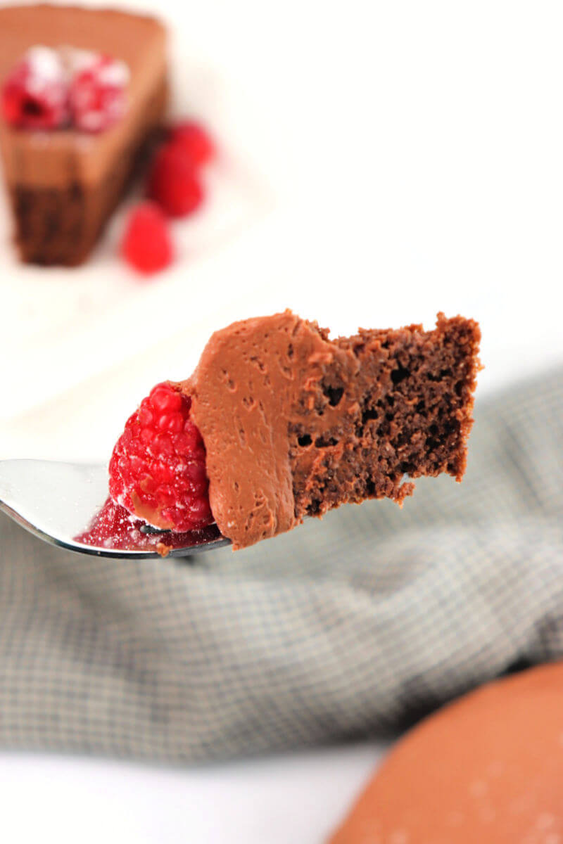 Bite of keto chocolate mousse cake on a fork.
