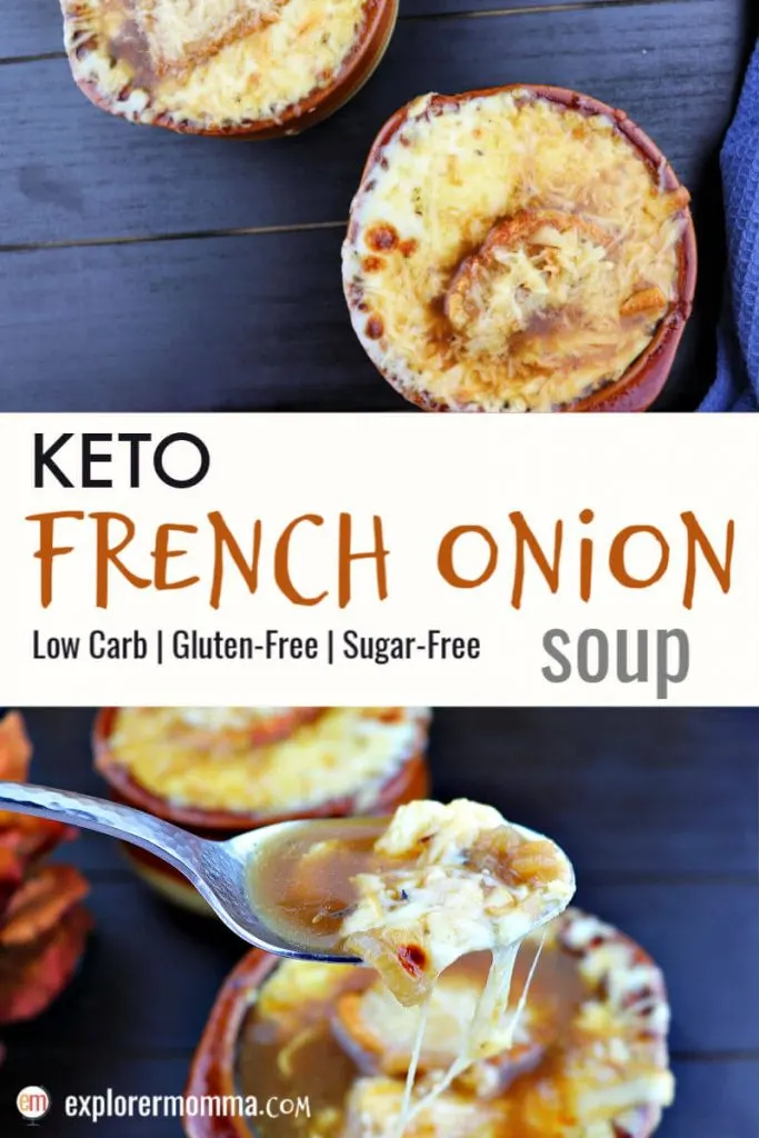 Delicious keto French onion soup is high protein and packed with flavor. This low carb comfort food will have you dreaming of Paris. Friendly for a keto diet and topped with gluten-free garlic crostini and gruyere cheese. Yum. #ketosoups #ketodietrecipes #lowcarbdinner