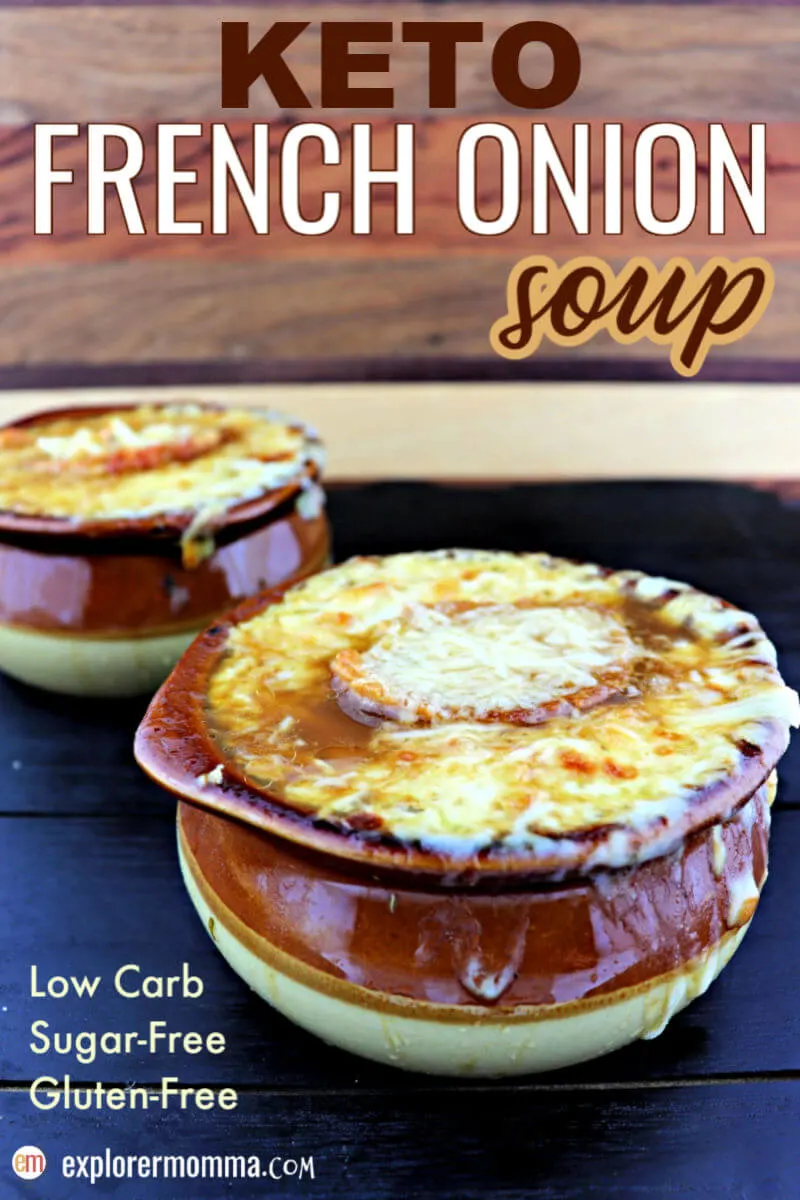Keto French Onion Soup is a traditional delicious comfort food gone low carb. Topped with a gluten-free crostini and gruyere cheese, close your eyes and you're in a French cafe. #ketosoup #ketorecipes #ketofrenchonionsoup