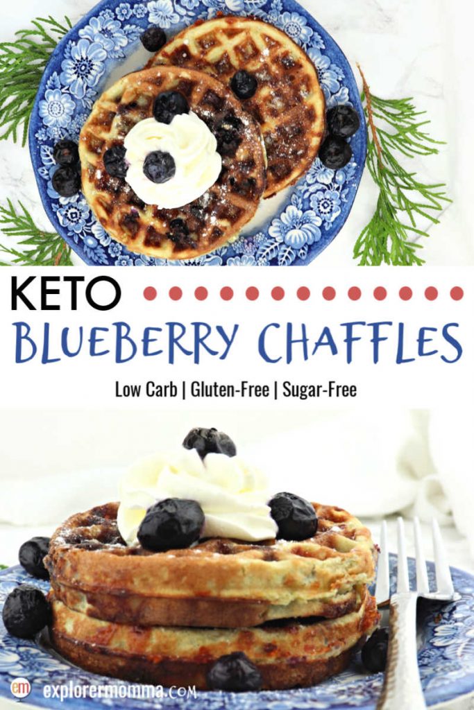 Blueberry chaffles are the best holiday morning keto treat! Sugar-free and gluten-free, these low carb beauties are topped with whipped cream and blueberries! #chaffles #ketowaffles #ketobreakfast