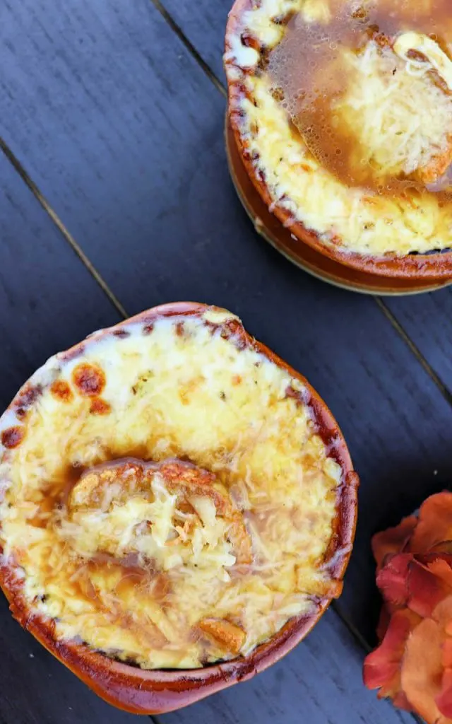 Two bowls of keto French onion soup overhead