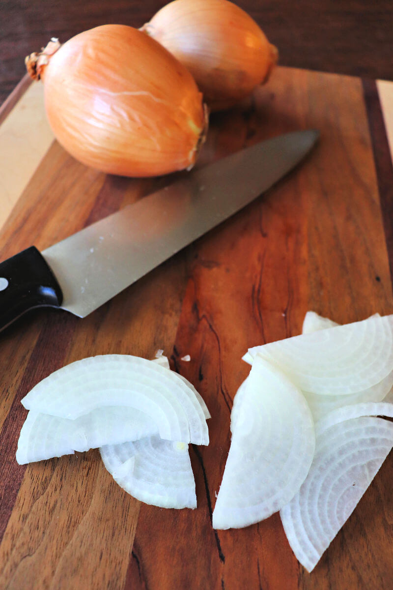 Thinly sliced onions for low carb French onion soup. #onions #frenchonionsoup #ketosoup