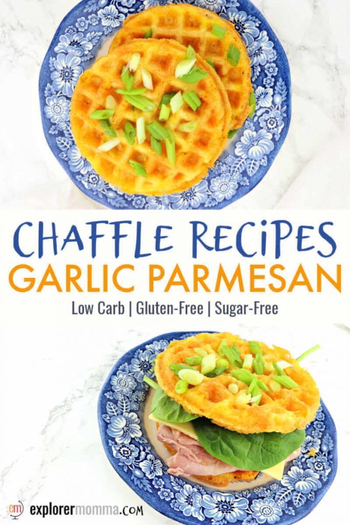 No-carb chaffle recipes are perfect for keto sandwiches or a low carb bread alternative. Gluten-free garlic parmesan chaffles are easy and adaptable for snacks, lunch, or dinner. #chaffles #ketobread #chafflerecipes