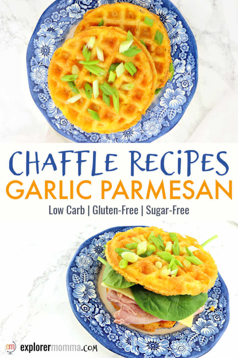 No-carb chaffle recipes are perfect for keto sandwiches or a low carb bread alternative. Gluten-free garlic parmesan chaffles are easy and adaptable for snacks, lunch, or dinner. #chaffles #ketobread #chafflerecipes