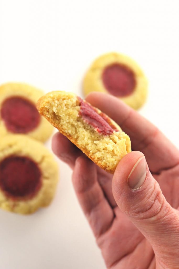 Keto Butter and Jam Thumbprint cookies with a tang of fruit are low carb and kid-friendly. #ketorecipes #lowcarbdesserts