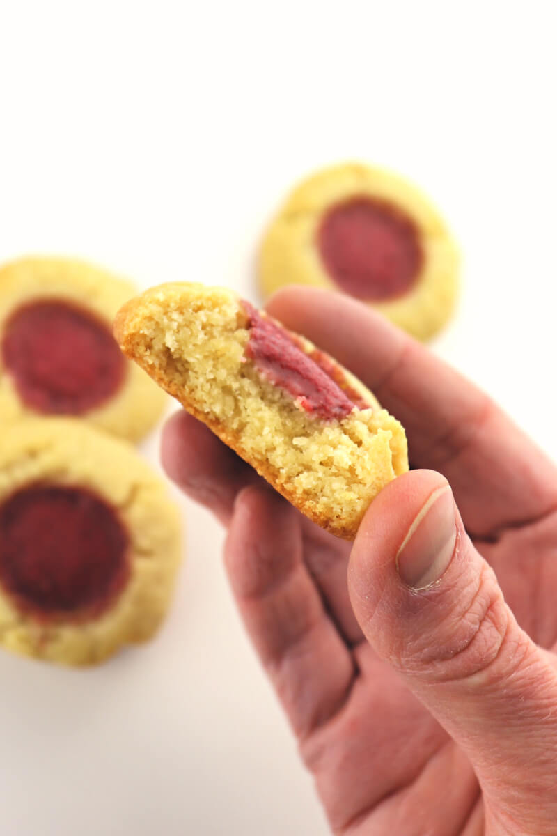 Keto Butter and Jam Thumbprint cookies with a tang of fruit are low carb and kid-friendly. #ketorecipes #lowcarbdesserts