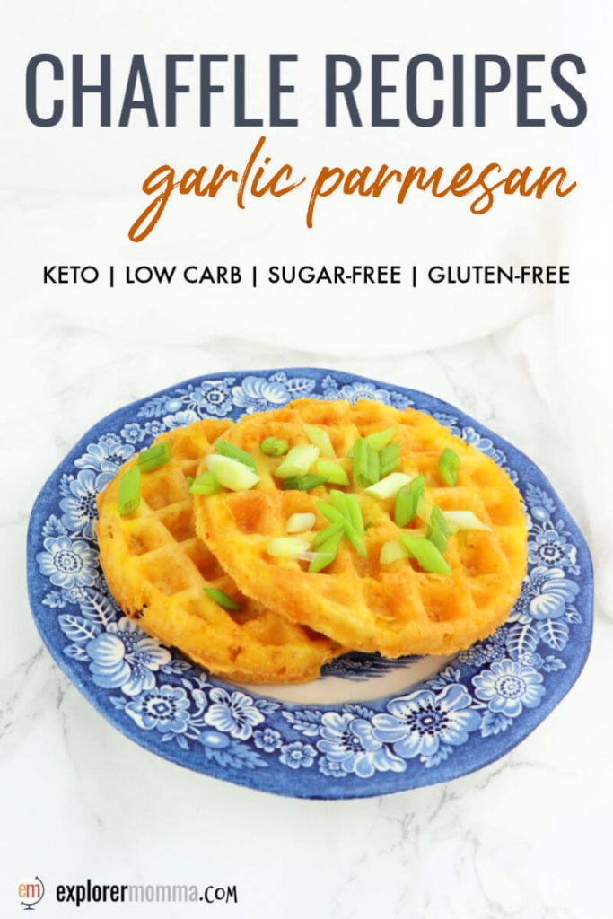 Chaffle recipes for a no-carb keto bread replacement. These gluten-free garlic parmesan chaffles are delicious and easy as a side or for the low carb bread of a sandwich. #chafflerecipes #nocarbbread #chaffles