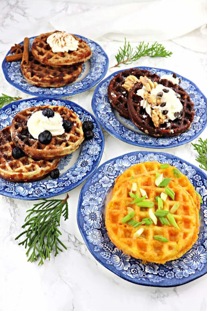 Four kinds of keto chaffles on plates