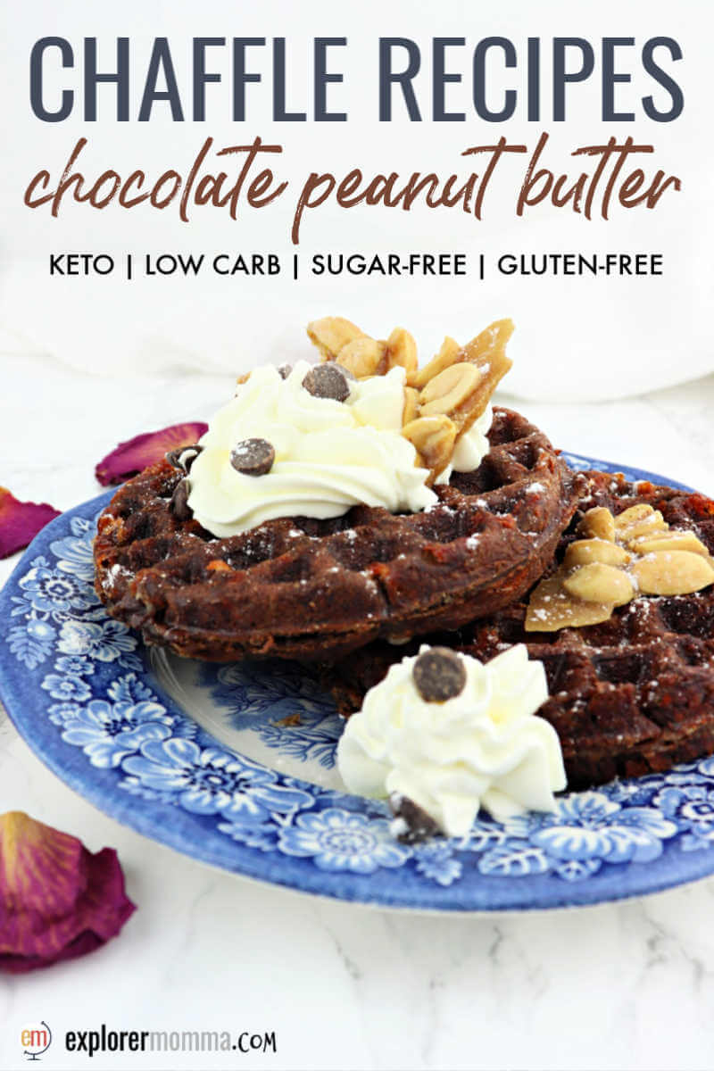 Low carb chaffle recipes are perfect for a keto diet! Delicious chocolate peanut butter chaffles for a weekend gluten-free breakfast topped with whipped cream, sugar-free chocolate chips, and peanuts or even peanut brittle! #ketowaffles #chafflerecipes #chaffles