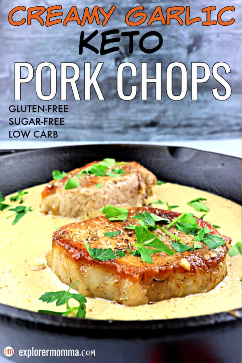 Delicious creamy garlic keto pork chops are a family dinner winner. An easy skillet dinner, perfectly moist with a gluten-free creamy gravy, the ideal low carb diet. #ketodinner #ketorecipes #ketoporkchops