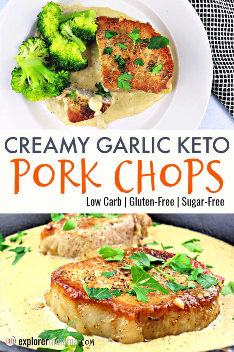 Creamy Garlic Keto Pork Chops for a low carb family dinner. A moist pork chop with creamy gluten-free gravy for keto meal planning and a keto diet. #ketoporkchops #ketorecipes #lowcarbdinner