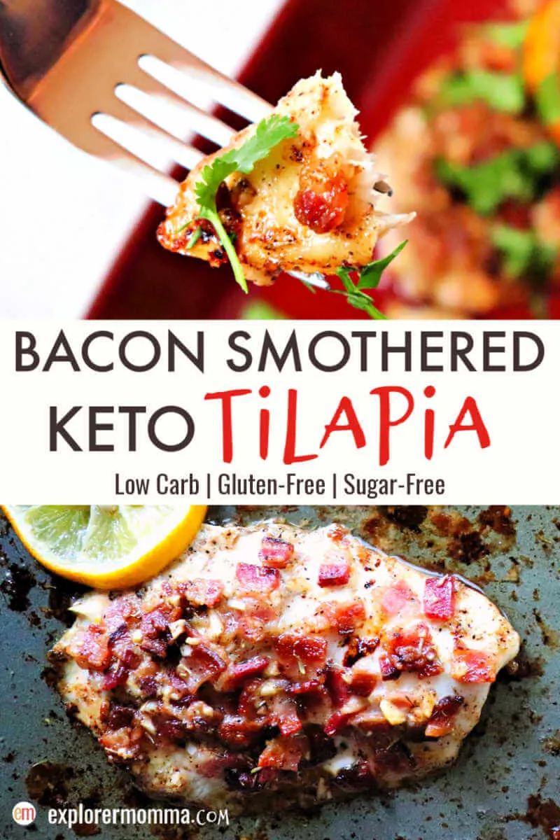 Bacon smothered keto tilapia with a lemon garlic butter sauce is a gluten-free flavorful treat! An easy dinner for one or the family. #ketorecipes #ketodinners #lowcarbrecipes