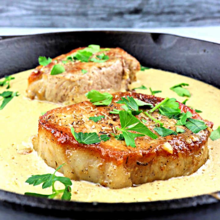Easy keto pork chops are always delicious and a gluten-free family favorite. Low carb and high protein good. #ketorecipes #ketodinners #lowcarbdinners