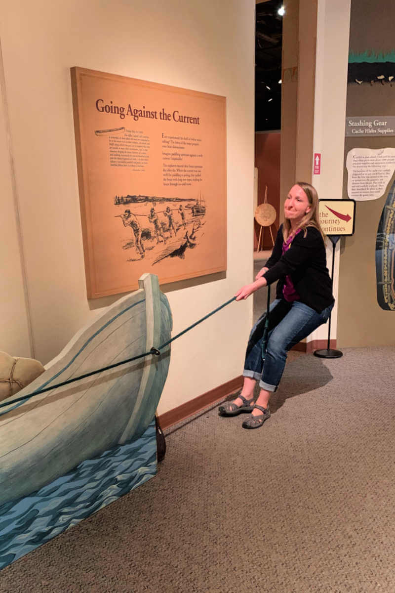 Lauren pulls the boat upstream. Lewis & Clark Interpretive Center #lewisandclark #greatfallsmt