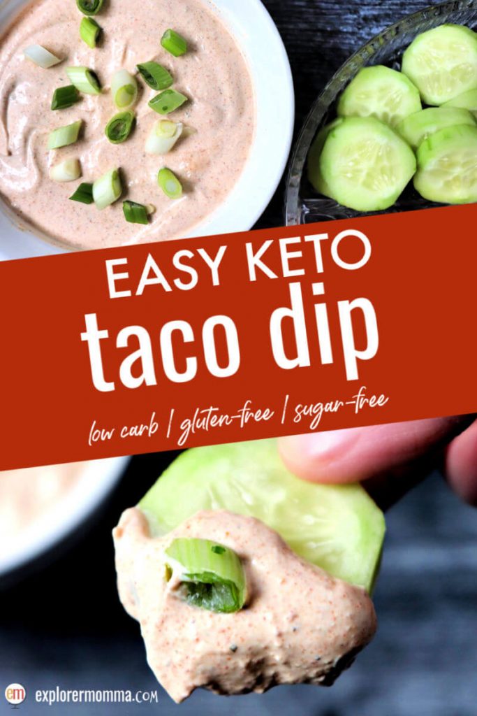 Easy keto taco dip is quick to prepare for a party or event. Low carb and delicious fiesta dip with favorite keto crudité. #ketodip #ketorecipes #lowcarbrecipes
