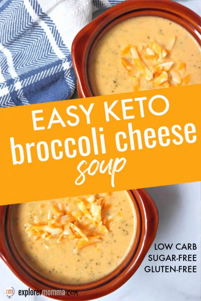 Easy keto broccoli cheese soup is packed with cheddar flavor and is the perfect low carb warm comfort food. Thickened with egg and cauliflower, it's high protein and only 2 net carbs. #ketosouprecipes #ketorecipes #ketosoups