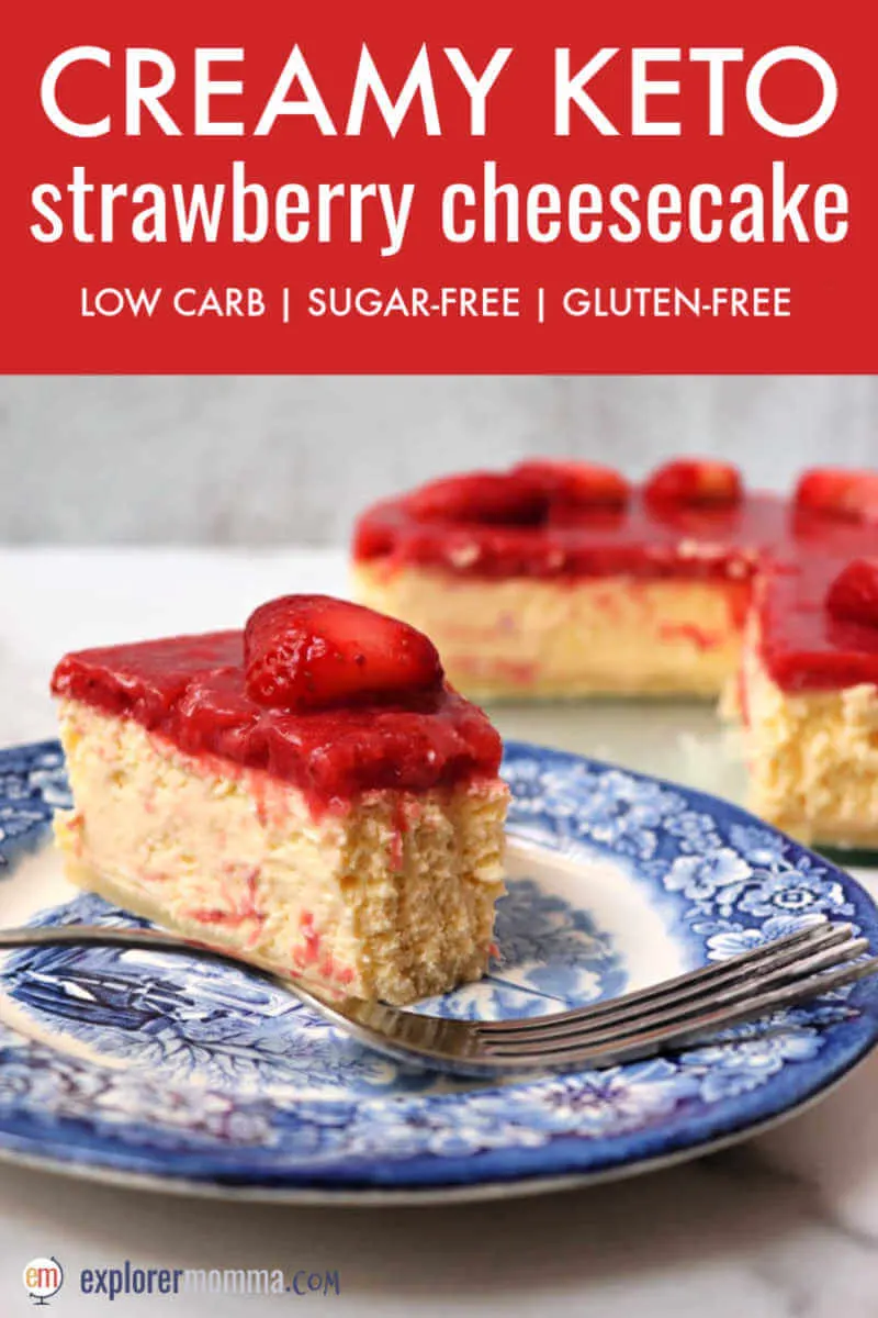 This is the best ever creamy keto strawberry cheesecake. It's the perfect low carb dessert for Valentine's Day or any day! It's a gluten-free almond flour crust, keto cheesecake middle, and a sugar-free strawberry topping. #ketocheesecake #ketodessert #ketorecipes