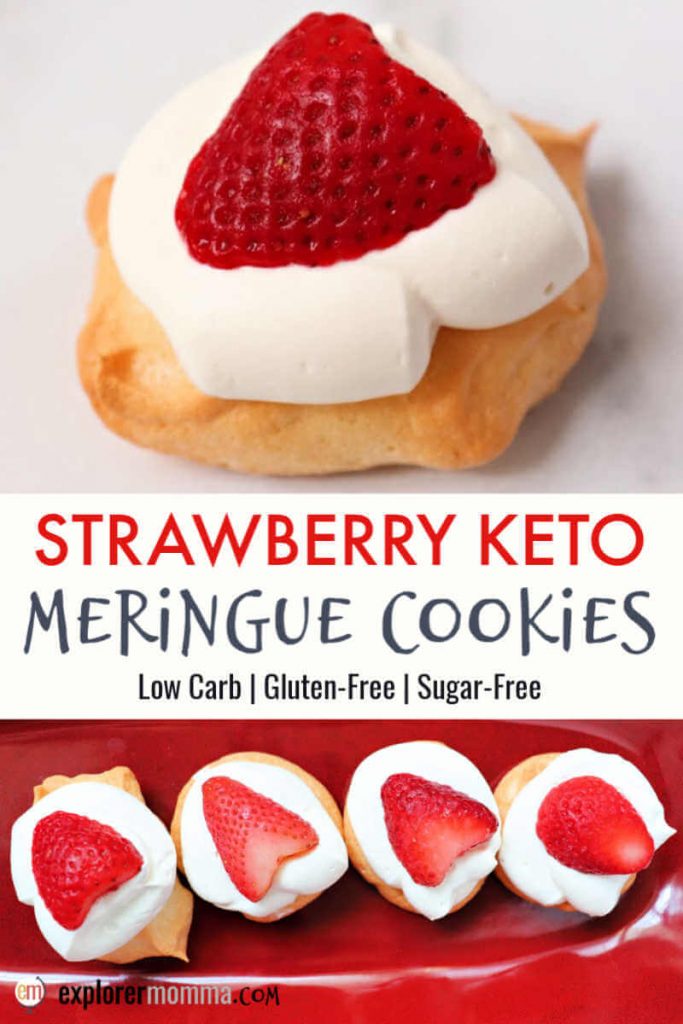Strawberry keto meringue cookies are a brilliantly light sugar-free meringue topped with whipped cream and a strawberry. Simple and delightful low carb dessert. #ketodesserts #ketorecipes #ketocookies