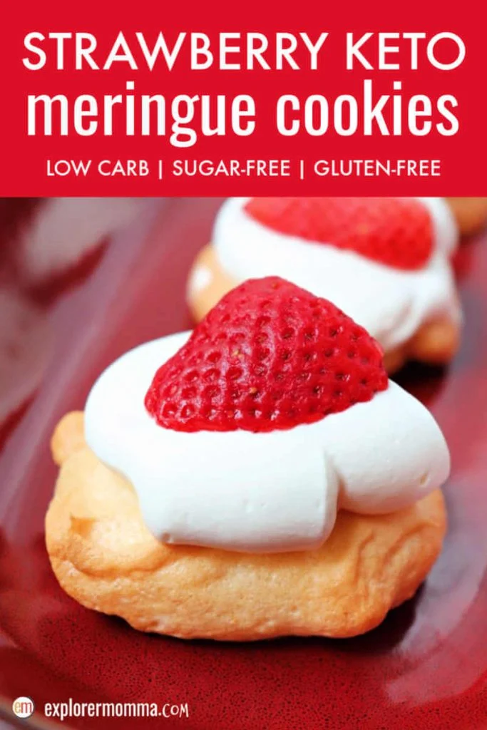 Simple and delightful strawberry keto meringue cookies are low carb creamy melt in your mouth bites of summer. A mini keto pavlova with a little meringue, a little cream, and a sweet strawberry. #ketocookies #ketomeringue #ketorecipes