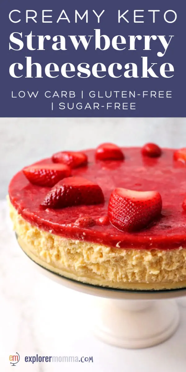 Smooth and silky creamy keto strawberry cheesecake is a low carb dessert dream. It's an almond flour crust topped with a soft creamy keto middle, and then a sugar-free strawberry topping. Delish! #ketorecipes #ketodesserts #ketocheesecake