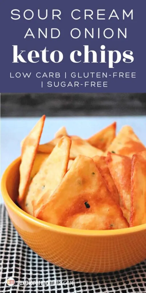 Sour cream and onion keto chips are savory flavorful low carb snacks. Just what you want for a gluten-free treat for the big game or party with keto dip. #ketochips #ketosnacks #ketorecipes