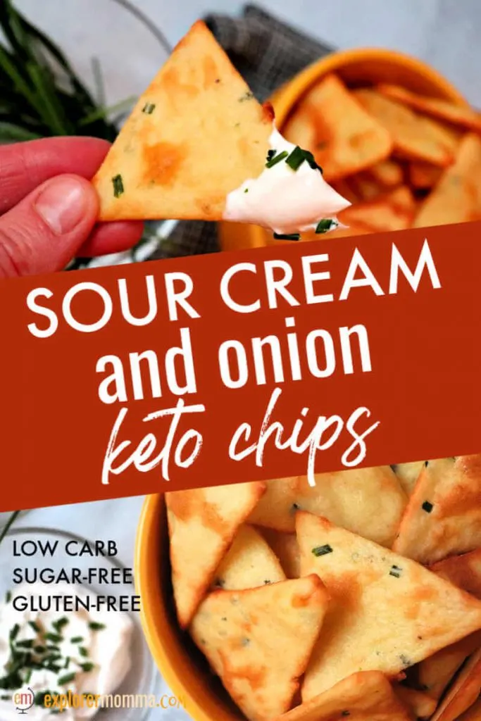 Real food sour cream and onion keto chips are gluten-free, low carb, and delicious. Great for a keto appetizer with dip or as a low carb side with soup! #ketochips #ketorecipes #lowcarbrecipes