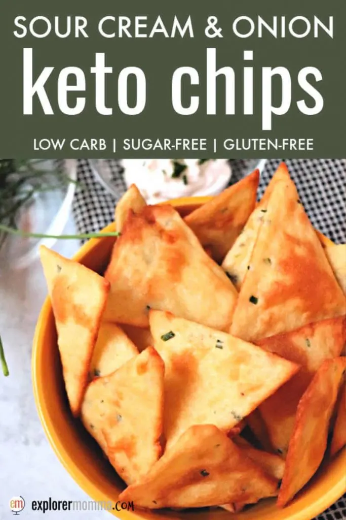 Sour cream and onion keto chips are delicious and the perfect low carb appetizer or side. Gluten-free and packed with flavor alone or with a keto dip. #ketochips #ketorecipes #ketosides