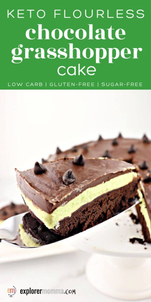 Keto flourless chocolate grasshopper cake is a delicious pairing of glute-free dark chocolate cake with a creamy sugar-free mint filling. #ketorecipes #ketodesserts
