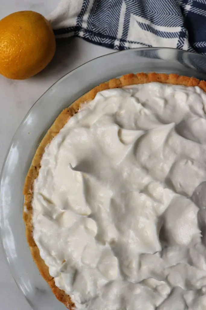 Sugar-free meringue topping on the keto lemon meringue pie.