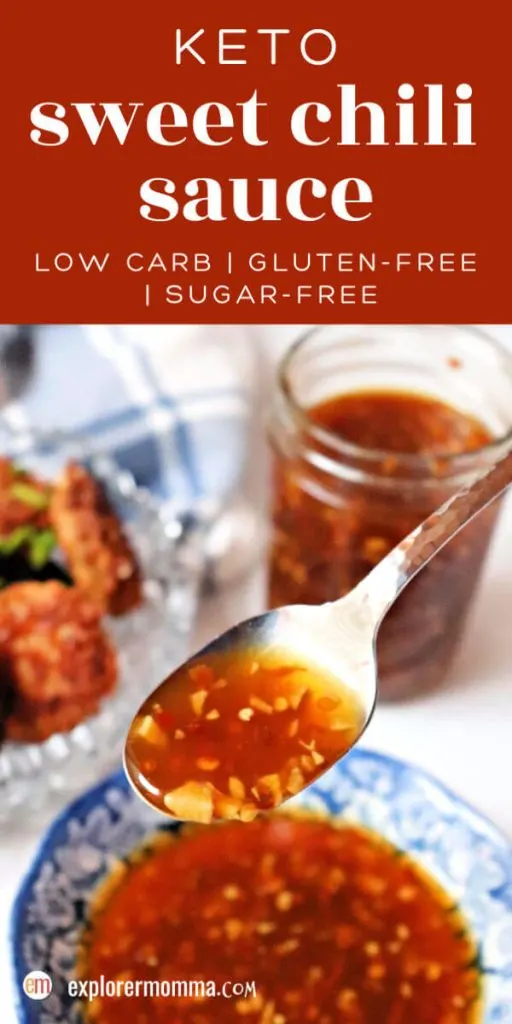 Sugar-free keto sweet chili sauce is simple and easy to make. So much better without all the sugar and preservatives, and this low carb recipe allows you to adjust for your own spice preference. Try it on meats, shellfish, or pour it over a block of cream cheese for a dip! #ketosauces #ketorecipes