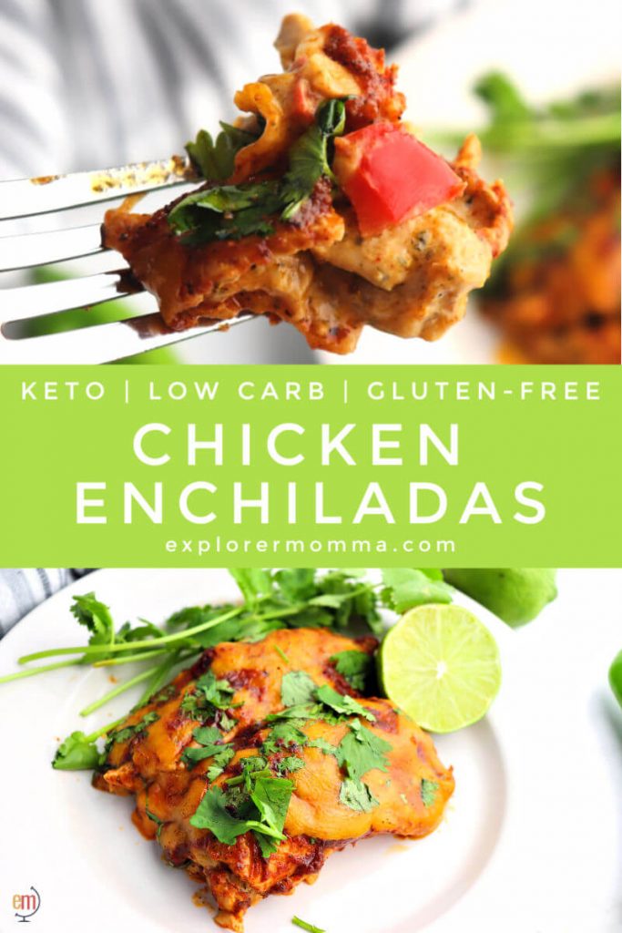 The best keto chicken enchiladas with a creamy spiced chicken on the inside, wrapped in protein tortillas, and baked with sugar-free enchilada sauce and cheddar cheese. #ketodinner #ketoenchiladas