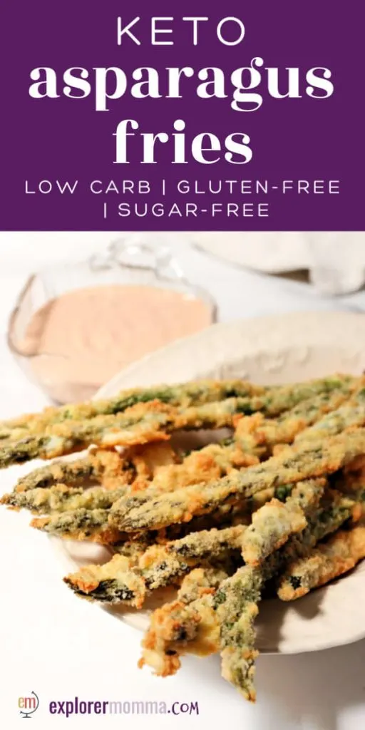 Delicious keto asparagus fries are baked with a parmesan and pork rind crumb coating, served with a spicy sugar-free lemon garlic dip. #ketoappetizer #ketorecipes #ketosides