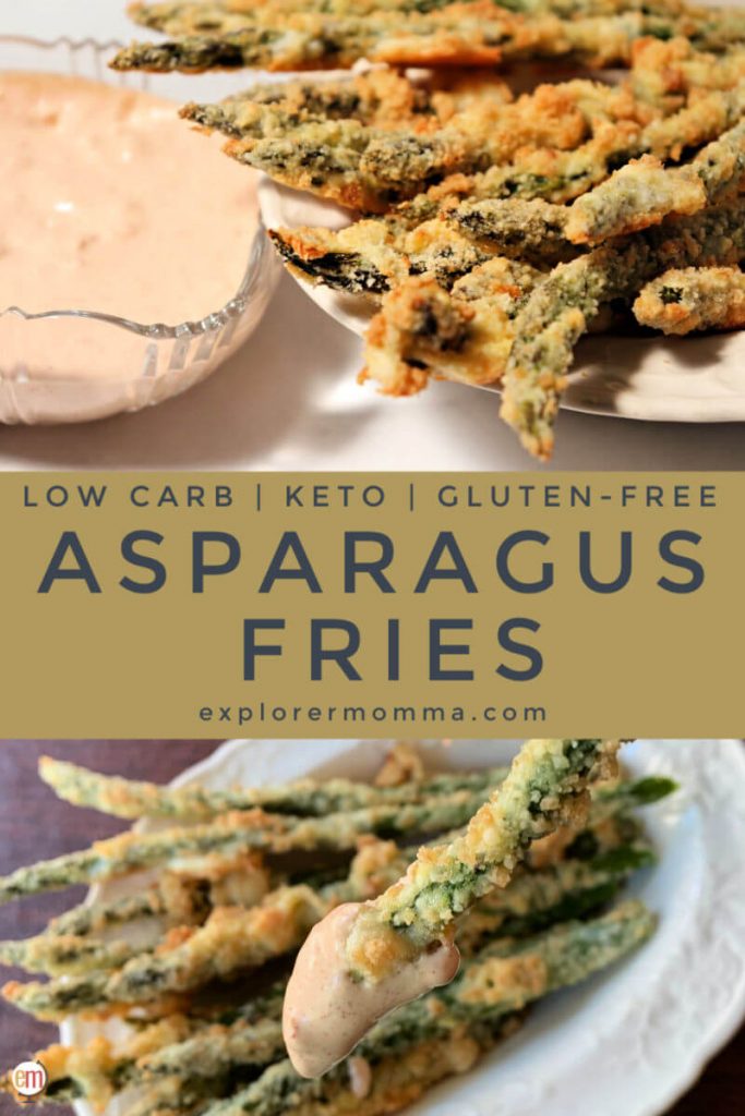 The best keto asparagus fries are baked, crisp, and served with spicy garlic dip. Coated with parmesan and pork rind crumbs. #ketosides #ketoappetizers