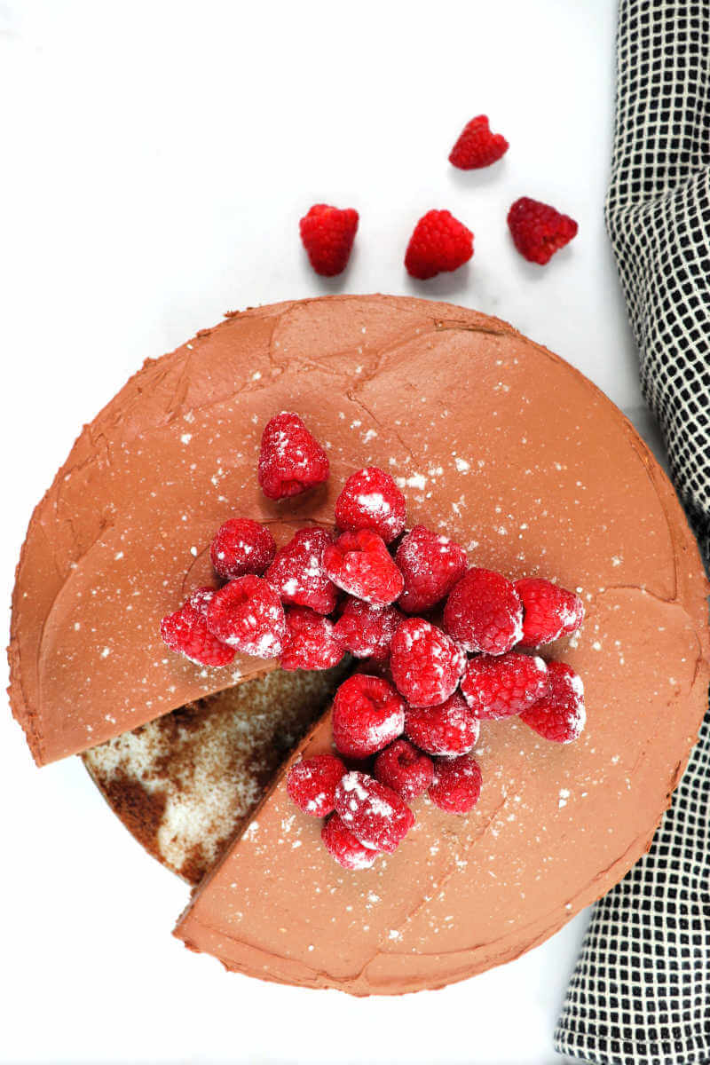 Easy and delicious keto chocolate mousse cake looks impressive and tastes amazing. Overhead.